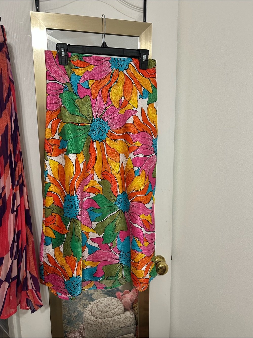 Rachel Zoe - Vibrant Floral Satin Style Midi Skirt in Orange, Pink, Green, Blue